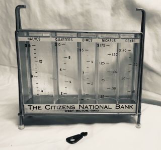 Vintage Stack Coin Bank The Citizens National Bank West Milton,  Ohio With Key