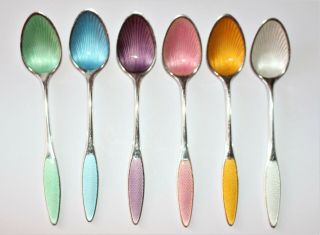 FRIGAST Sterling Silver Guilloche Enamel Demitasse Spoon Set of 6 DENMARK 3