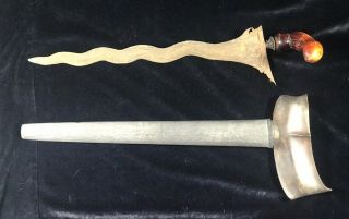 Antique Oceania Kris Damascus Short Sword Knife With Scabbard 13 - 1/4 " Blade
