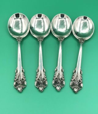 Qty 4 Wallace Grande Baroque Sterling Silver Round Bowl Soup Spoons 6 1/8 Inch