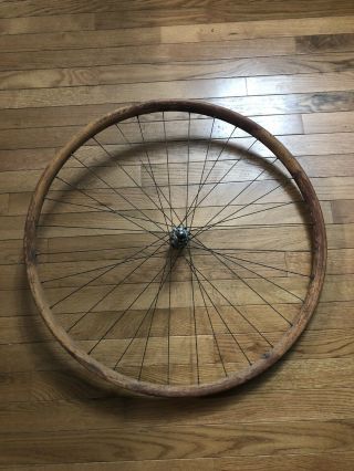 Antique 24 Inch Diameter Wooden Bicycle Rim Wood Wheel Bike Front Hub 32 Spokes