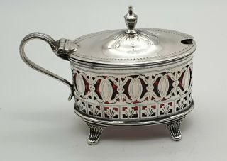 Attractive Antique Sterling Silver Red Glass Liner Mustard Pot Sheffield 1896