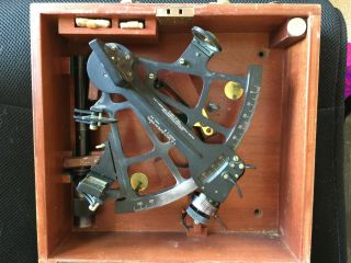 1943 Wwii Us Navy Sextant With Wood Box,  Lock,  Key And Lens Accessories