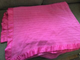 Vintage Deep/hot Pink Cotton Thermal Blanket Satin Edge Bunk/twin 54” X 84”