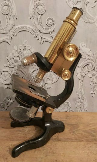 Antique E Leitz Wetzlar Brass & Enamelled Microscope Dated 1913 In Case