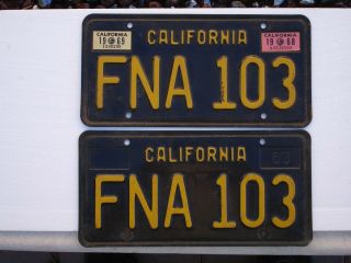 California 1968/1969 License Plates,  Tags,  Pair,  Yellow/black 1963 Base