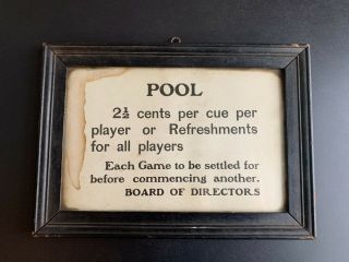 Antique Pool Billiards Hall Saloon Sign - 2 1/2 Cents Per Cue Per Player