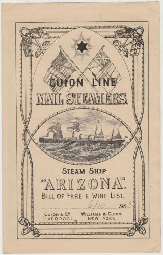 1883 Steamship Arizona Guion Line Bill Of Fare Menu & Wine List