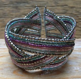 Vintage Retro 90’s Beaded Cuff Bangle/bracelet/glass Seed Bead/wire Work/rainbow