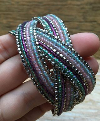 Vintage Retro 90’s Beaded Cuff Bangle/Bracelet/Glass Seed Bead/Wire Work/Rainbow 2