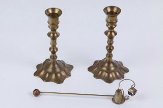 Vintage Solid Brass Candle Sticks Holders Ornate With Snuffer,  India 6 3/4 "