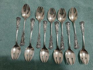 Set Of 11 Antique Sterling Silver Ice Cream Spoons Sporks Etch Bowl.  925 5 " 164g