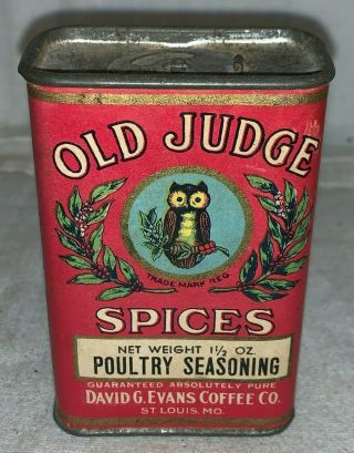 Antique Old Judge Owl Poultry Seasoning Spice Tin David G Evans Coffee Co Can