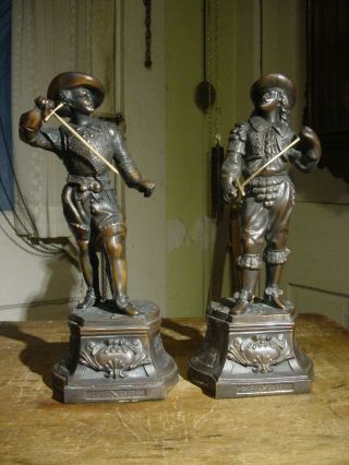 Antique Pair Ansonia Don Juan & Don Caesar Spelter Copper Coated Clock Statues