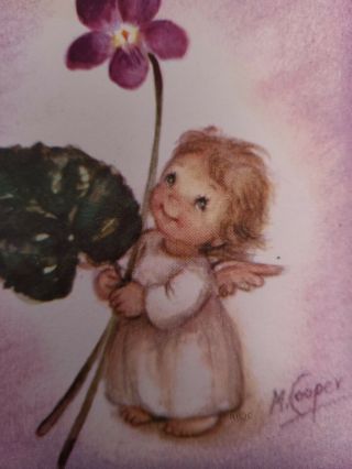 Vtg Rust Craft Easter Greeting Card M.  Cooper Angel Girl Purple Pansie 1940s