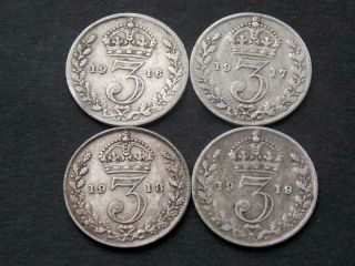 4 Solid Sterling Silver Vintage Ww1 Threepences 1916 1917 1818 1919 C090