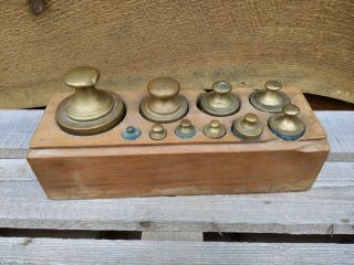 Antique Balance Scale Weight Set Of 10 Heavy Brass Weights In Wood Block Case