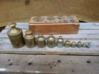 Antique Balance Scale Weight Set of 10 HEAVY Brass Weights in Wood Block Case 2