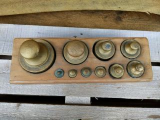 Antique Balance Scale Weight Set of 10 HEAVY Brass Weights in Wood Block Case 3