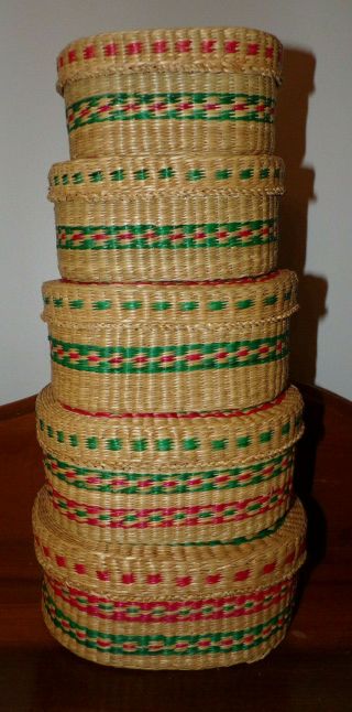 Vintage Woven Sweetgrass Nesting Baskets Boho Oval With Lids Set Of 5