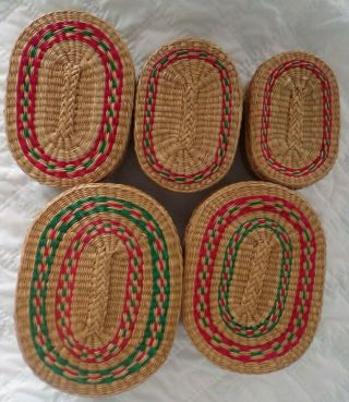 Vintage Woven Sweetgrass Nesting Baskets Boho Oval With Lids Set of 5 2