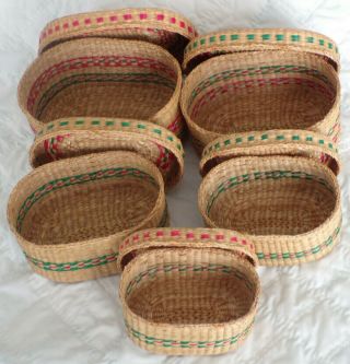 Vintage Woven Sweetgrass Nesting Baskets Boho Oval With Lids Set of 5 3