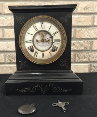 Antique Ansonia Cast Iron Open Escapement Mantle Clock Running Beveled Glass