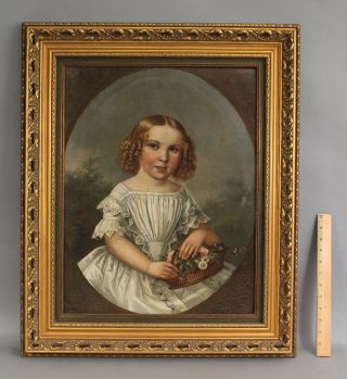 19thc Antique American Folk Art Portrait Oil Painting,  Young Girl With Flowers