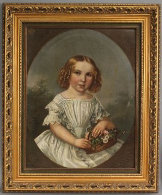 19thC Antique American Folk Art Portrait Oil Painting,  Young Girl with Flowers 2