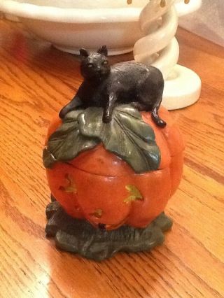 Vintage Ceramic Black Cat On Halloween Pumpkin Covered Dish/trinket Box Decor