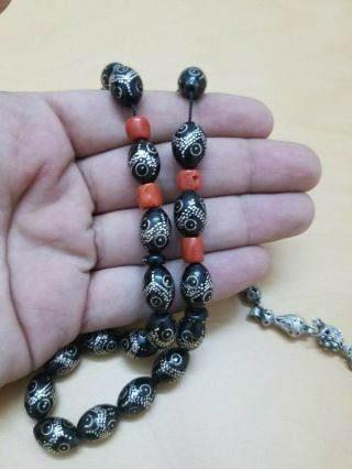 Antique Black Coral Rosary Prayer Beads Hand Inlaid Silver With Red Coral يسر