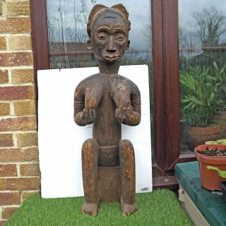 Large Baule Carved Seated Female Figure With Scarification - African Ivory Coast