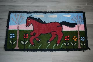 Charming Vintage Hand Hooked Rug - Running Horse - 18 By 36