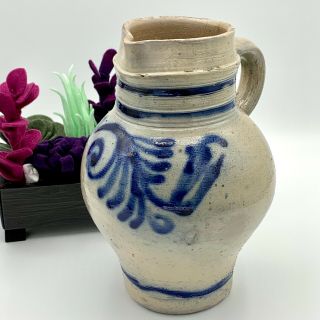 Hand Crafted Salt Glazed Pottery Pitcher With Blue Design 7.  5” Rustic Vintage