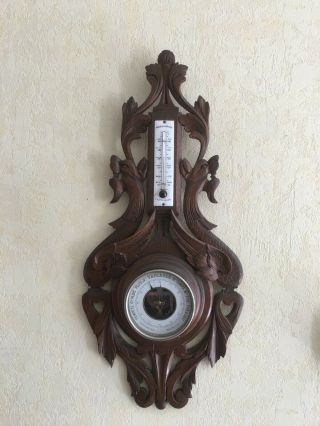 Antique French Wall Black Forest Chimera Thermometer Carved Wood Xixth Century