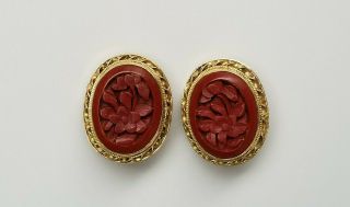 Vintage Chinese Export Gilt Sterling Silver Carved Cinnabar Clip On Earrings