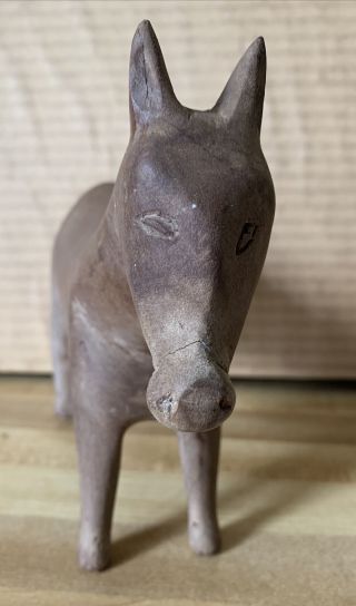 Primitive Vtg Folk Art Hand Carved Wood Donkey Jackass Mule Democrat Brown 7”