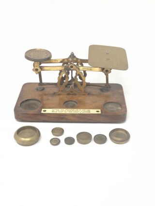 Antique English Postal Scale Brass With Wood Platform 7 Weights Sts Trademark