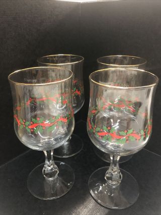 Set Of 4 Vintage Holiday Wine Glasses Holy Berry Gold Rim Christmas/winter Time