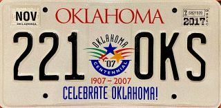 2017 Oklahoma Centennial Specialty License Plate 221 - Oks