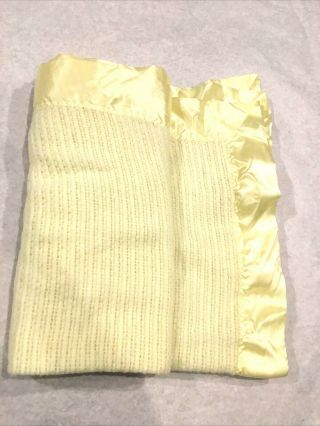 Vtg Chatham Baby Blanket Yellow Satin Edge 34” X 50”