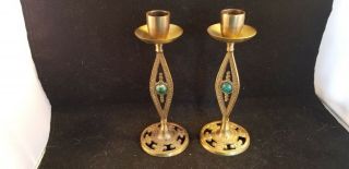 Vintage Ornate Brass Candle Stick Holders With Jade Stone