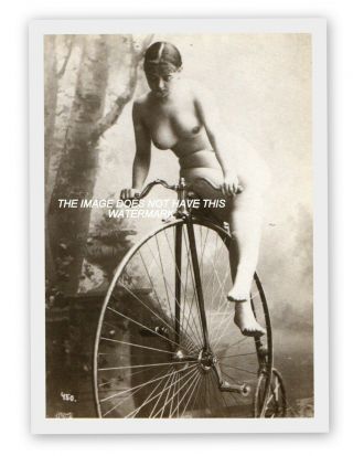 & Naked Victorian Lady On A Penny Farthing Cycle 1890 Vintage Image
