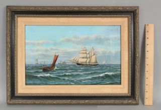 Small 19thc Antique Swiss Schooner & Sailboat Maritime Seascape Oil Painting Nr