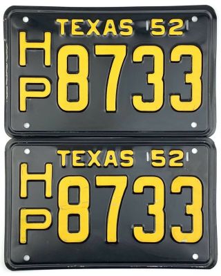 Nos 1952 Texas License Plate Pair Hp8733 Yom Clear