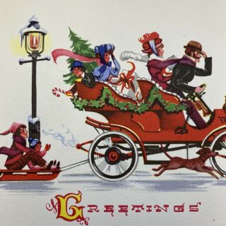 Vintage Mid Century Christmas Greeting Card Victorian Family Red Car Kids Sled