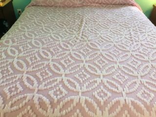 Vintage Pink And White Chenille Bedspread W/ Fringes 96” X 88” Cutter Craft