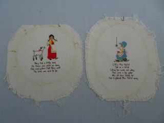 2 Vintage Completed Tiny Counted Cross Stitch Sampler Nursery Rhymes Muffet Mary