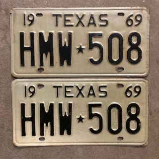 1969 Texas License Plate Pair Hmw 508 Yom Dmv Clear Ford Chevy Dodge