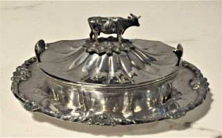 Fine Georgian Sheffield Silver Plated Butter Dish With Cow Finial & Underplate